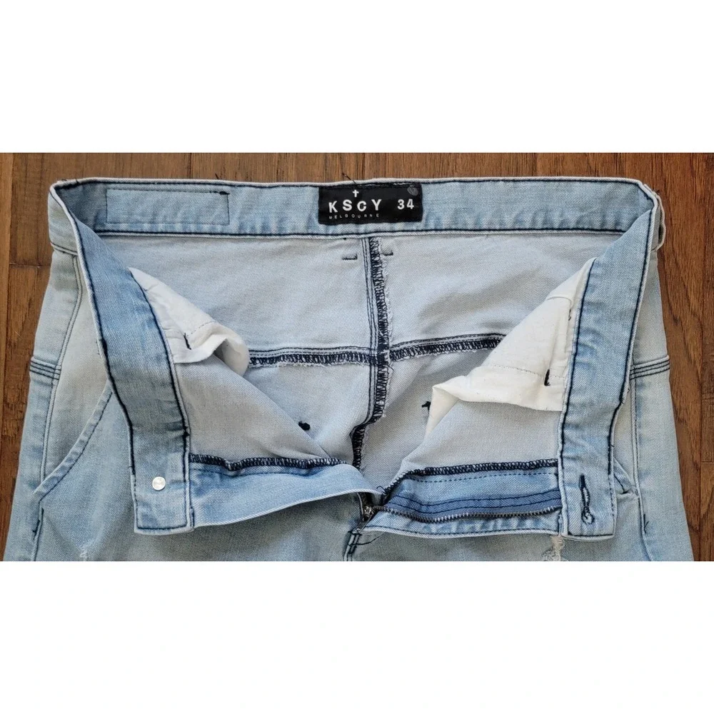 KSCY Melbourne Men's Blue Distressed Elastic Hem Denim‎ Jeans Size 34x31